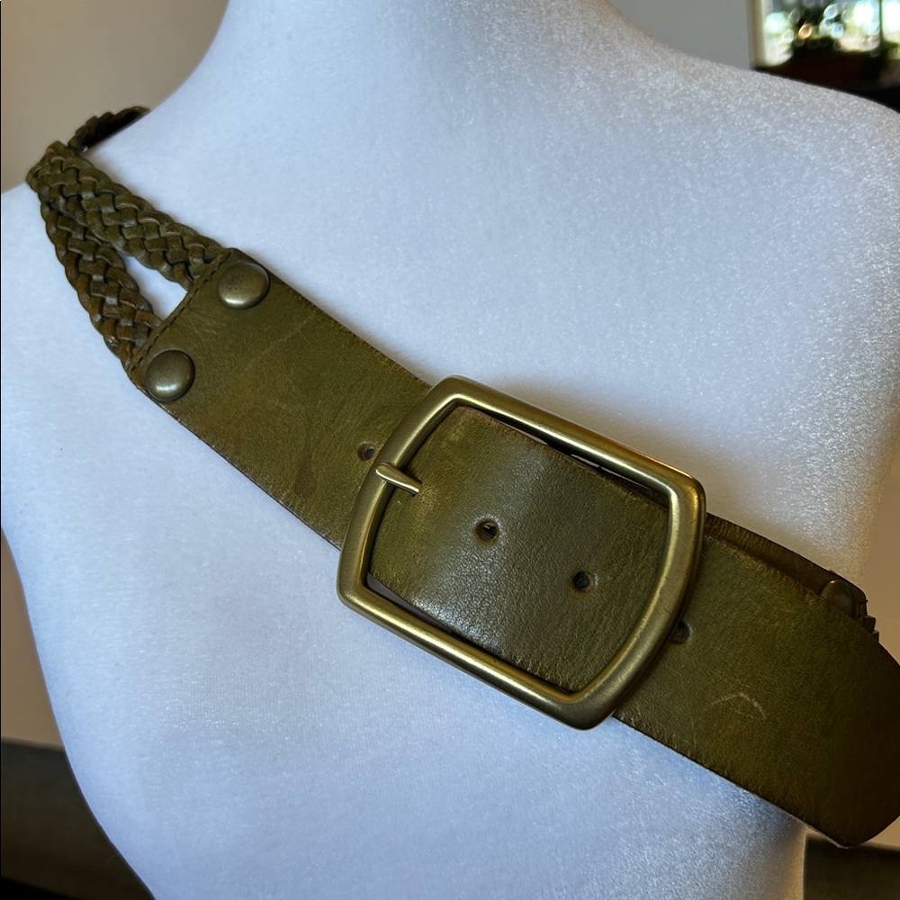 Linea Pelle Olive Green Braided Leather Belt with Brass Buckle